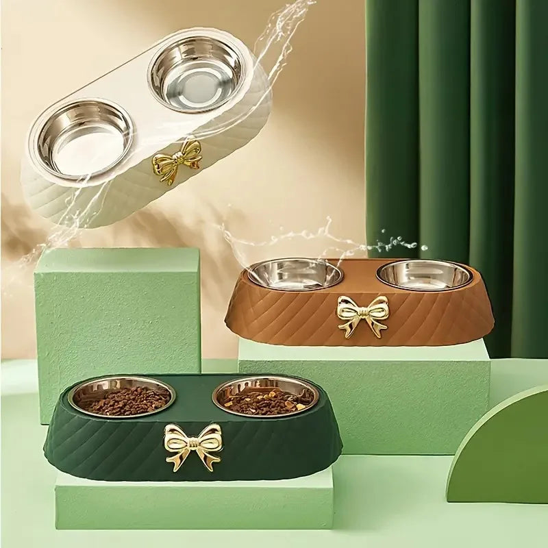 Bowtie Double Pet Bowl – Food & Water Bowl for Dogs & Cats | White, Green & Brown