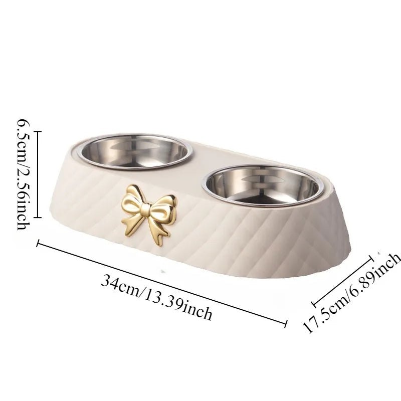 Bowtie Double Pet Bowl – Food & Water Bowl for Dogs & Cats | White, Green & Brown