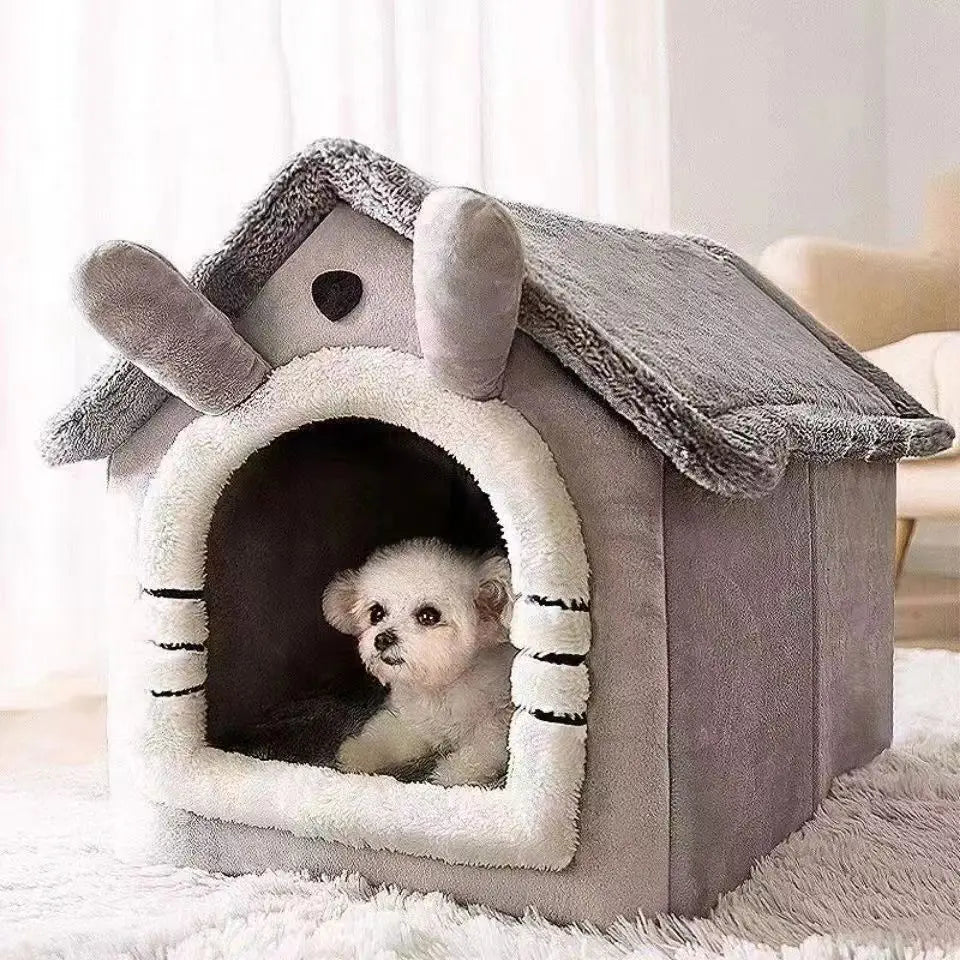 Dog House Style Pet Bed – Cosy Coral Fleece Cave Bed for Small Dogs & Cats | S, M & L