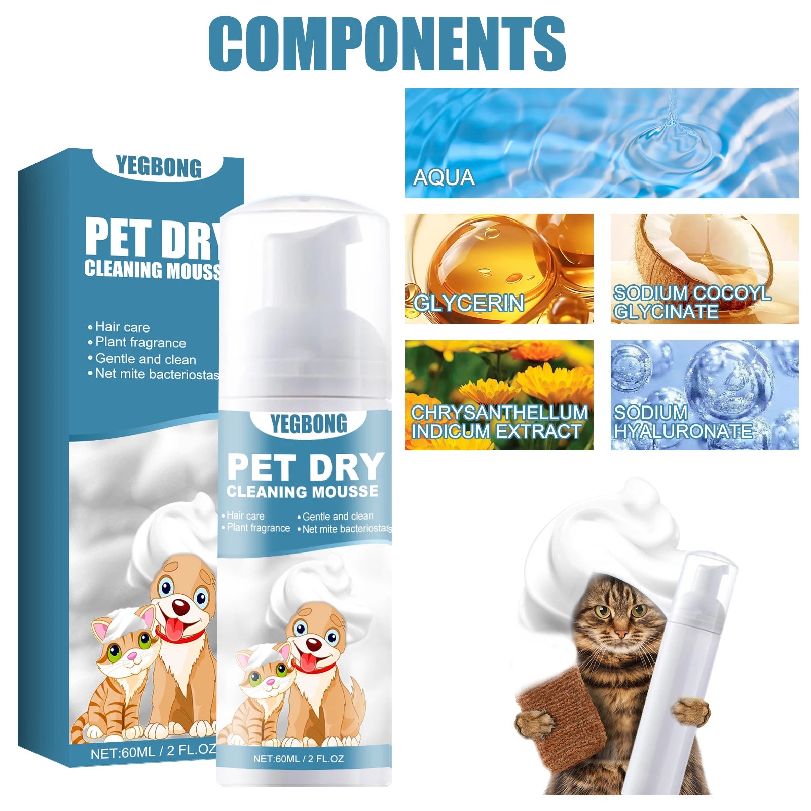 YEGBONG Dry Pet Shampoo – No-Rinse Formula for Sensitive Skin