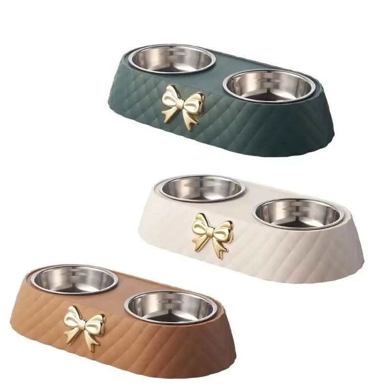 Bowtie Double Pet Bowl – Food & Water Bowl for Dogs & Cats | White, Green & Brown