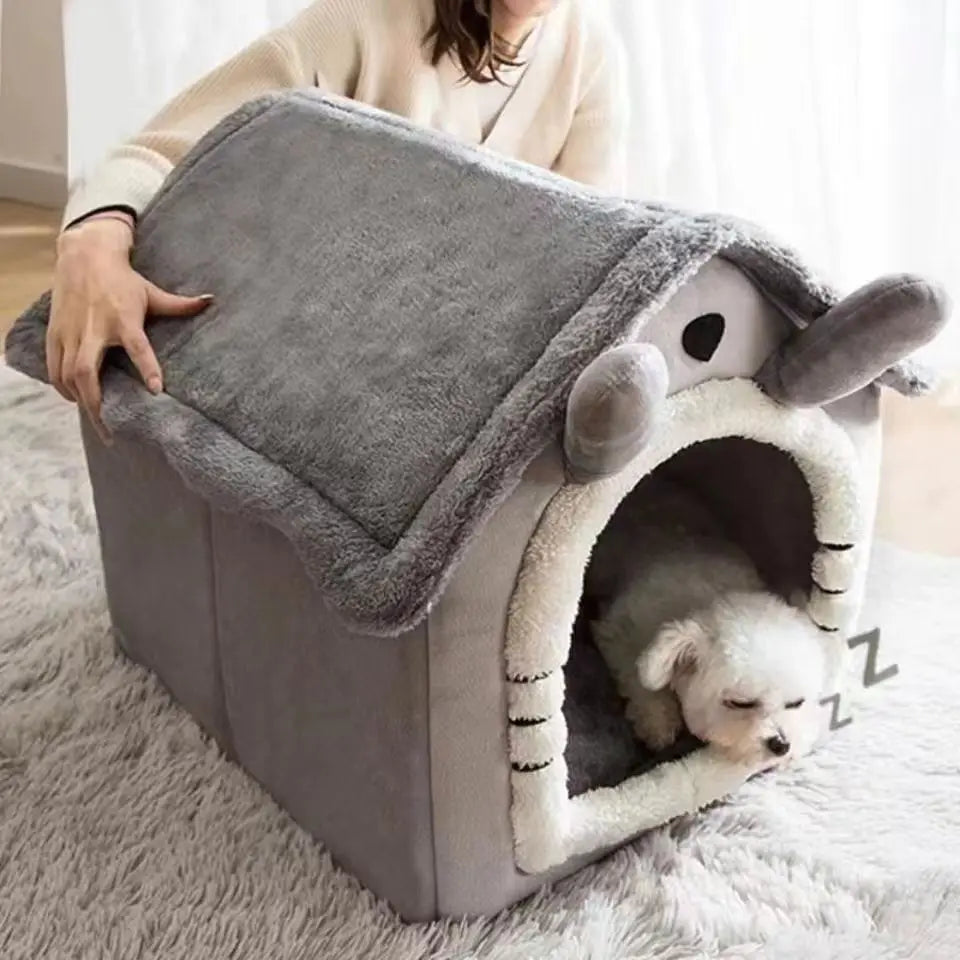 Dog House Style Pet Bed – Cosy Coral Fleece Cave Bed for Small Dogs & Cats | S, M & L