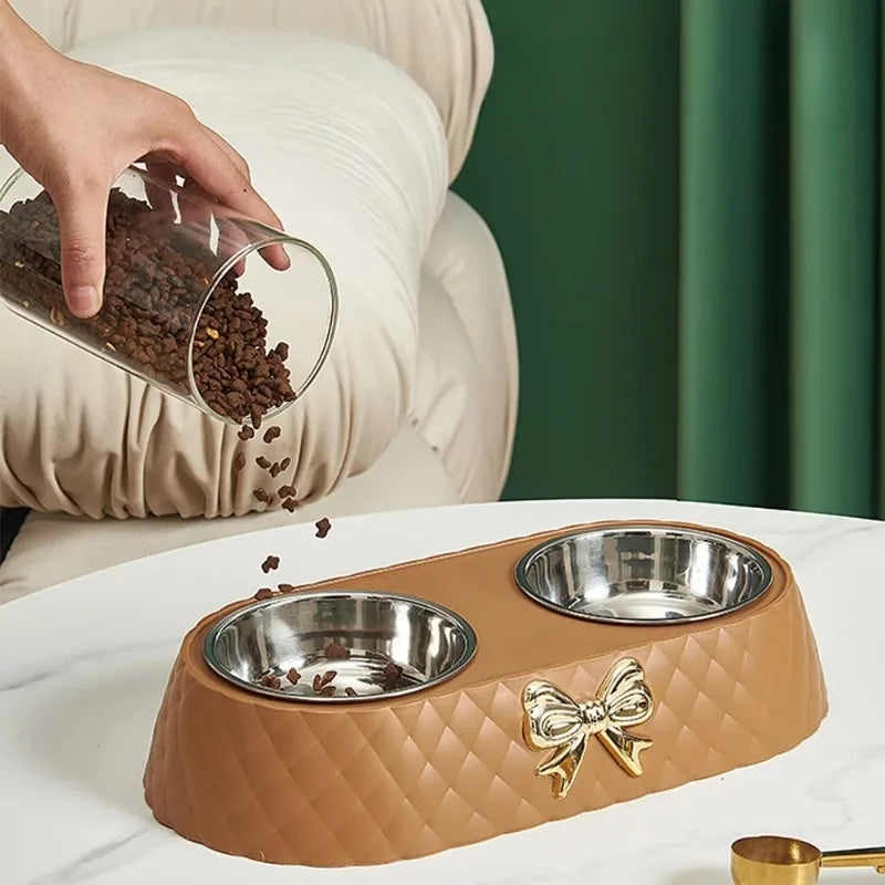 Bowtie Double Pet Bowl – Food & Water Bowl for Dogs & Cats | White, Green & Brown