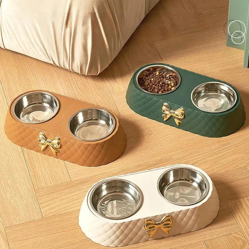 Bowtie Double Pet Bowl – Food & Water Bowl for Dogs & Cats | White, Green & Brown