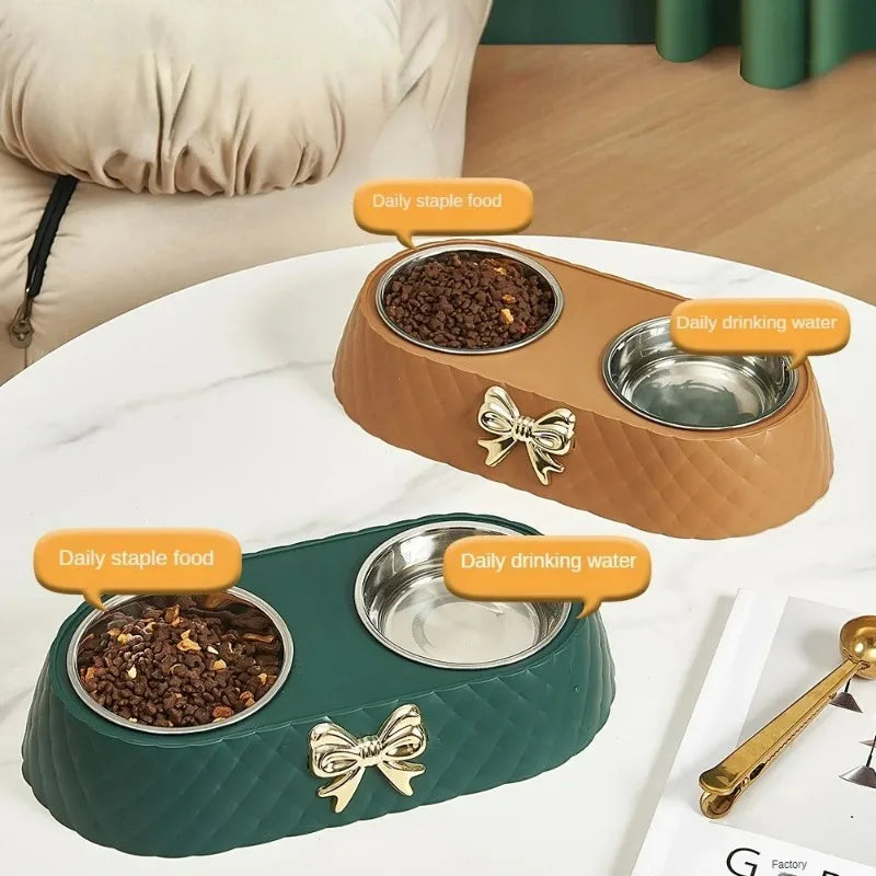 Bowtie Double Pet Bowl – Food & Water Bowl for Dogs & Cats | White, Green & Brown