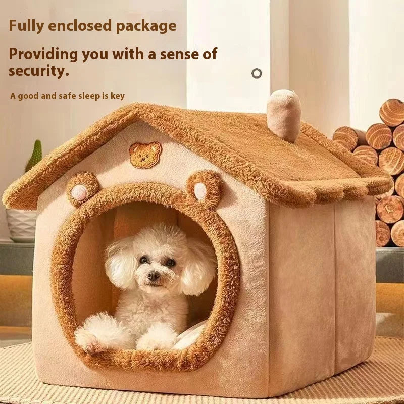 Dog House Style Pet Bed – Cosy Coral Fleece Cave Bed for Small Dogs & Cats | S, M & L