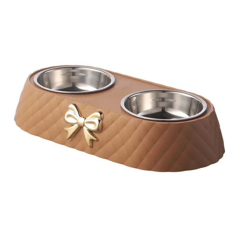 Bowtie Double Pet Bowl – Food & Water Bowl for Dogs & Cats | White, Green & Brown