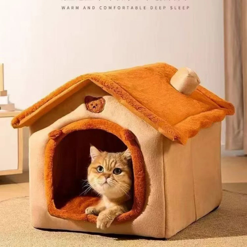 Dog House Style Pet Bed – Cosy Coral Fleece Cave Bed for Small Dogs & Cats | S, M & L