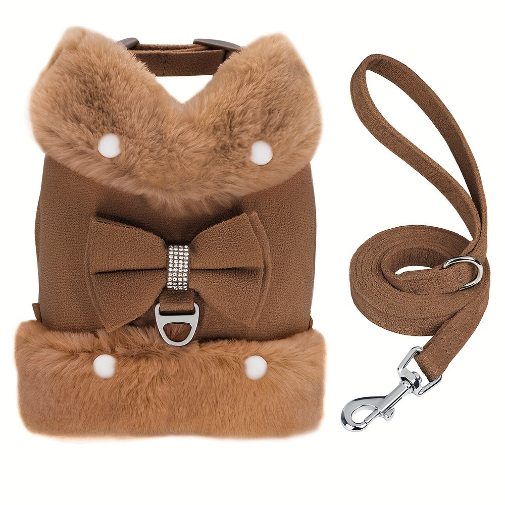 For Small And Medium Sized Dogs, Soft Fabric Dog Bow Tie Vest Harness Dress With Walking Traction Rope, Warm Dog Harness And Leash Set