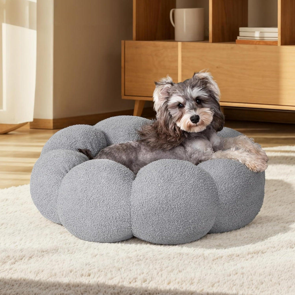 Flower Donut Calming Pet Bed – Plush Teddy Fleece Round Cuddler for Cats & Dogs | S, M & L