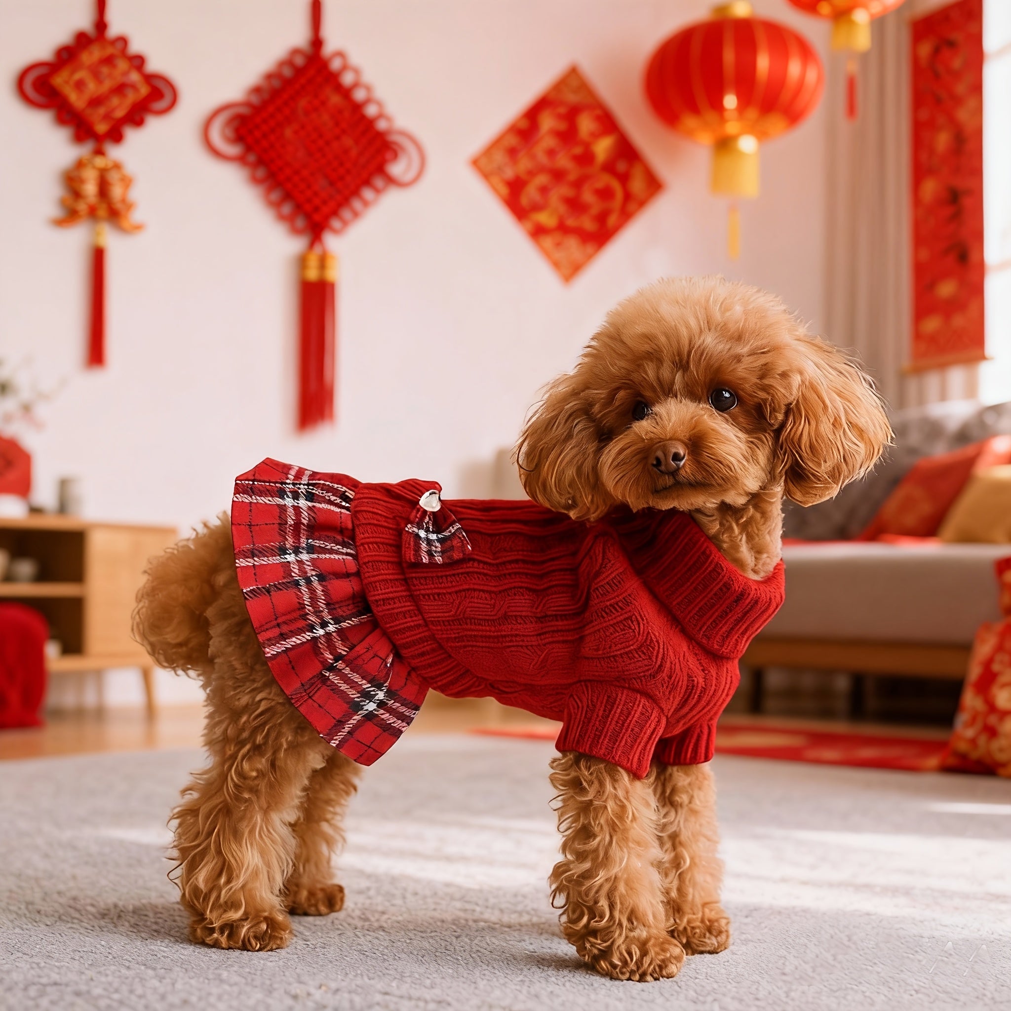 Christmas Sweater Dress for Small Dogs – Red & Black Plaid Knit with Bowtie
