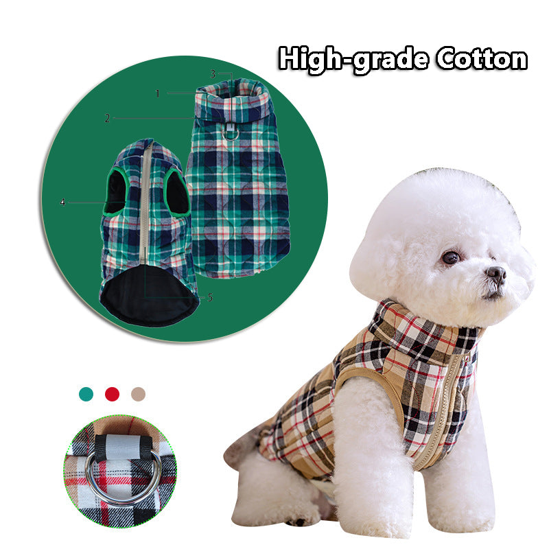 Quilted Dog Jacket | Plaid Padded Coat with Reflective Leash Ring