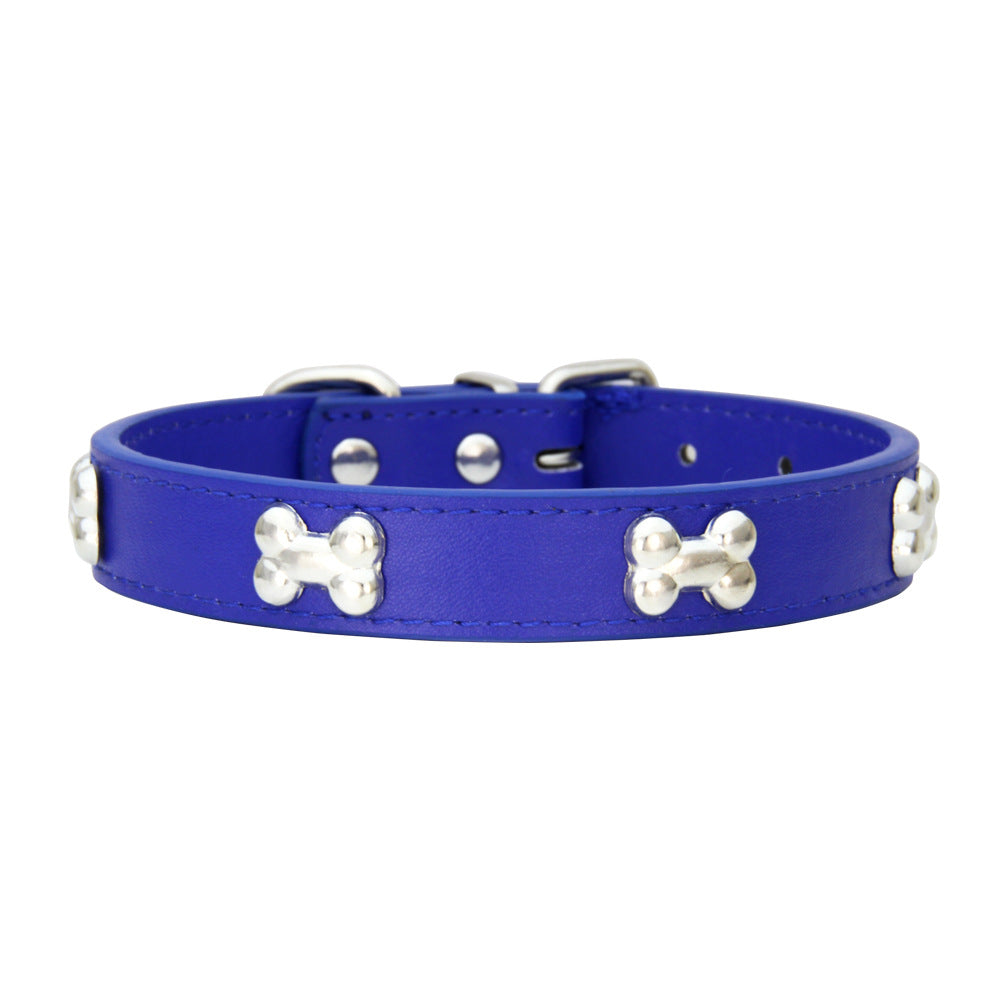 SilverBone Leather Dog Collar with Alloy Bone Buckle – Adjustable | 16 Colours | 4 Sizes