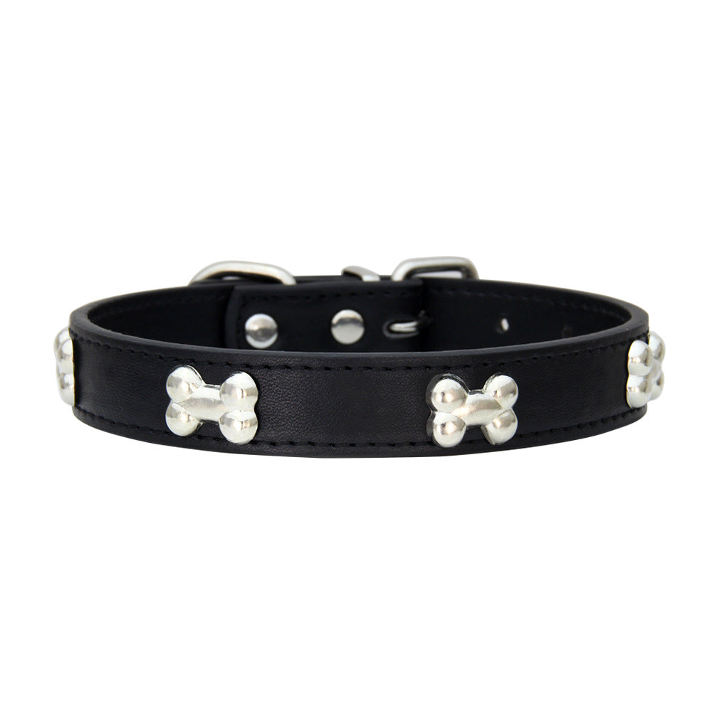 SilverBone Leather Dog Collar with Alloy Bone Buckle – Adjustable | 16 Colours | 4 Sizes