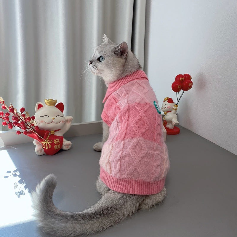 Plaid Polo Collar Wool Cardigan for Dogs & Cats - Preppy Style