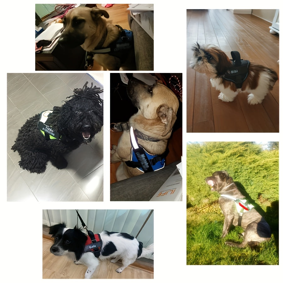 Customisable Reflective Striped Dog Harness - Personalised Name & Number Patch, Anti-Escape, XS-M
