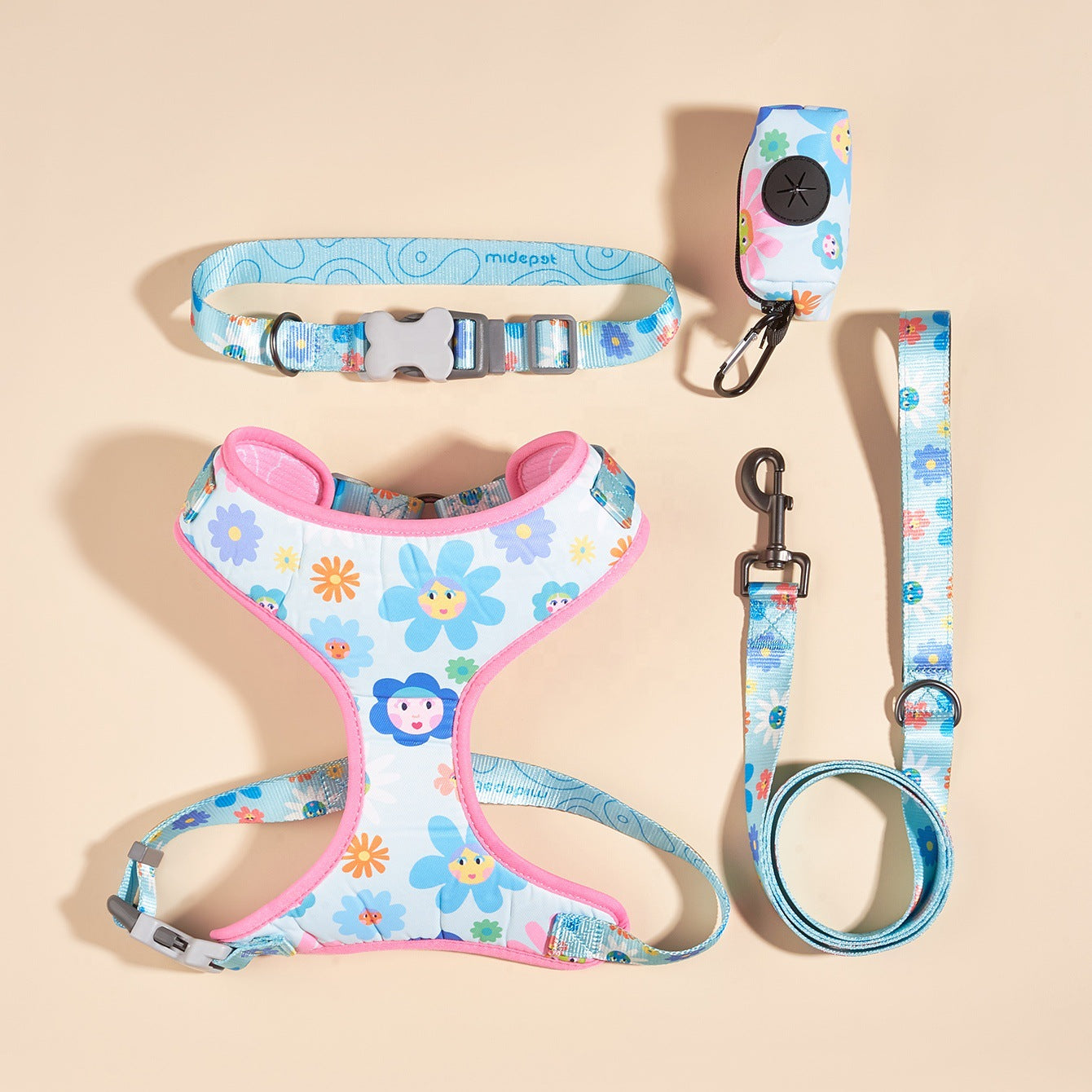 Pink Sunflower Pet Set (4pc Set)| Collar, Harness, Lead & Waste Bags