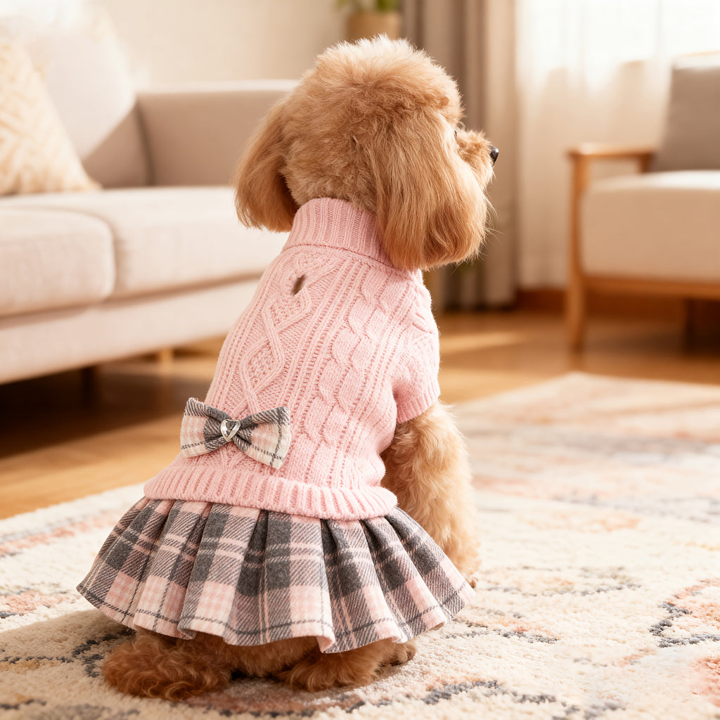 Christmas Sweater Dress for Small Dogs – Red & Black Plaid Knit with Bowtie
