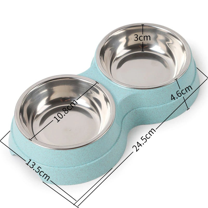 Double Stainless Steel Pet Bowl – Food & Water Feeder for Dogs & Cats | Green, Pink & Blue