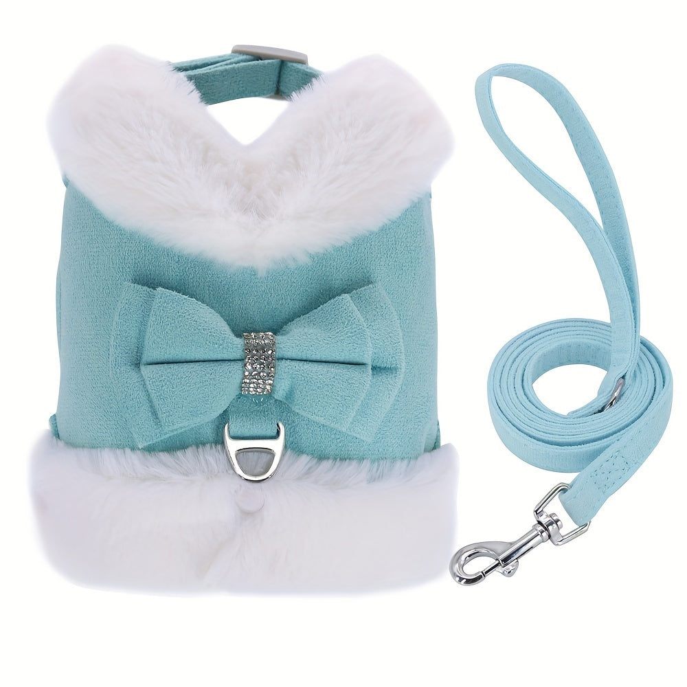 For Small And Medium Sized Dogs, Soft Fabric Dog Bow Tie Vest Harness Dress With Walking Traction Rope, Warm Dog Harness And Leash Set