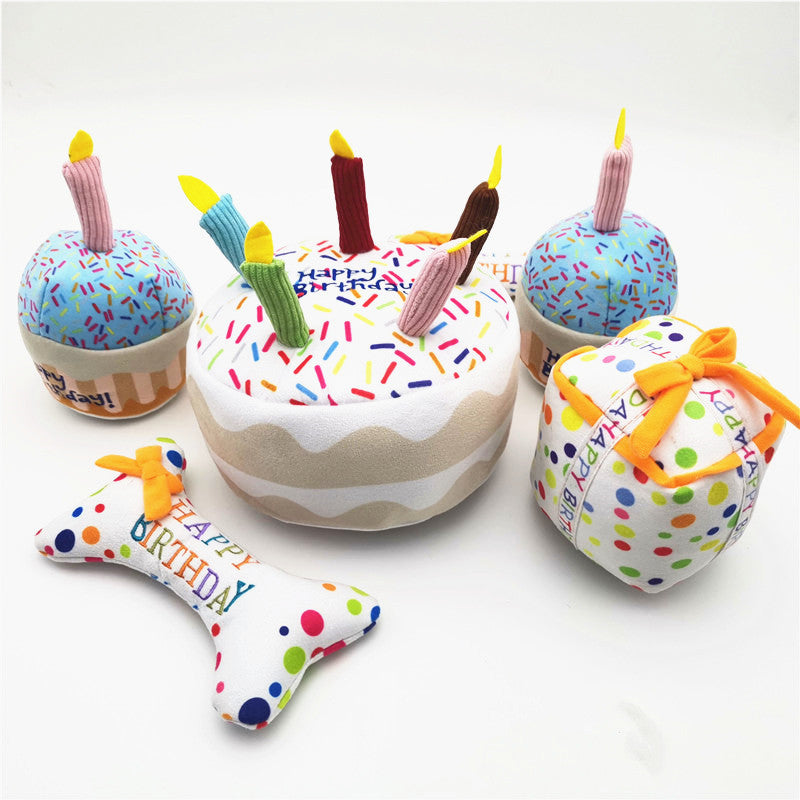 Dog Birthday Cake Plush Toy Set - Squeaky & Soft (Multi Set OR Single Item Option)