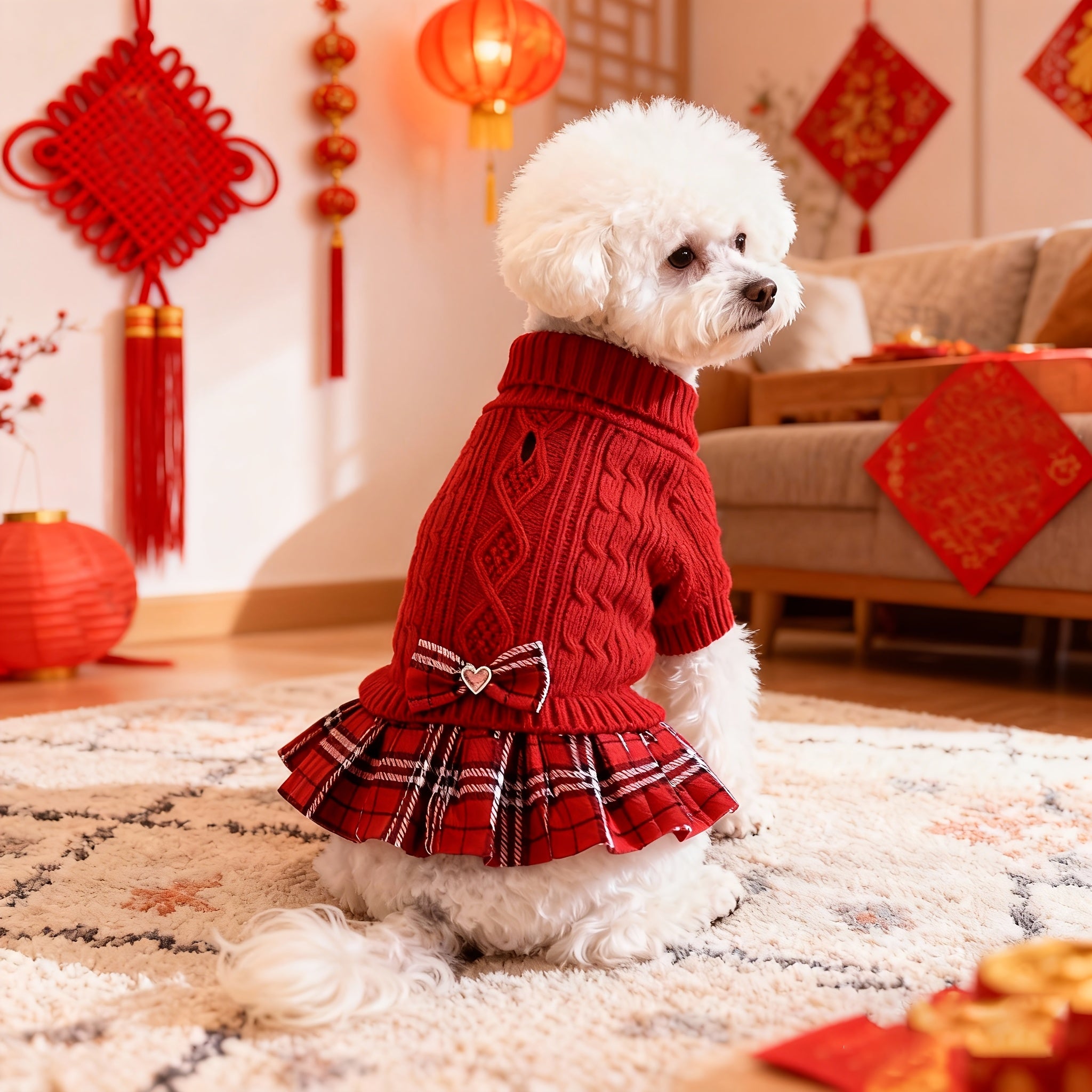 Christmas Sweater Dress for Small Dogs – Red & Black Plaid Knit with Bowtie