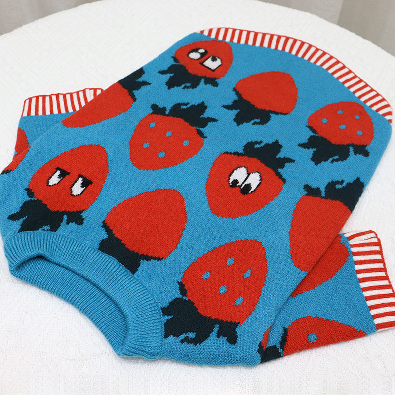Strawberry Print Wool Dog Sweater - Cute Style for Stocky Breeds