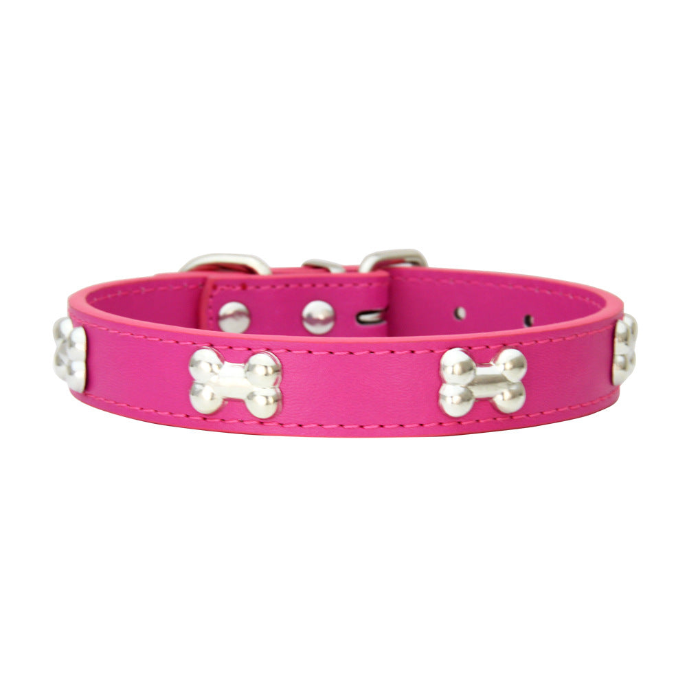 SilverBone Leather Dog Collar with Alloy Bone Buckle – Adjustable | 16 Colours | 4 Sizes