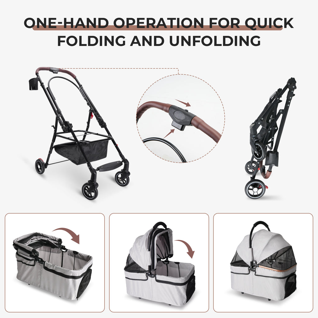 4-Wheel Foldable Pet Stroller For Small Dogs & Cats - 360 Rotating Wheels, Detachable Carrier & Travel Bag Included