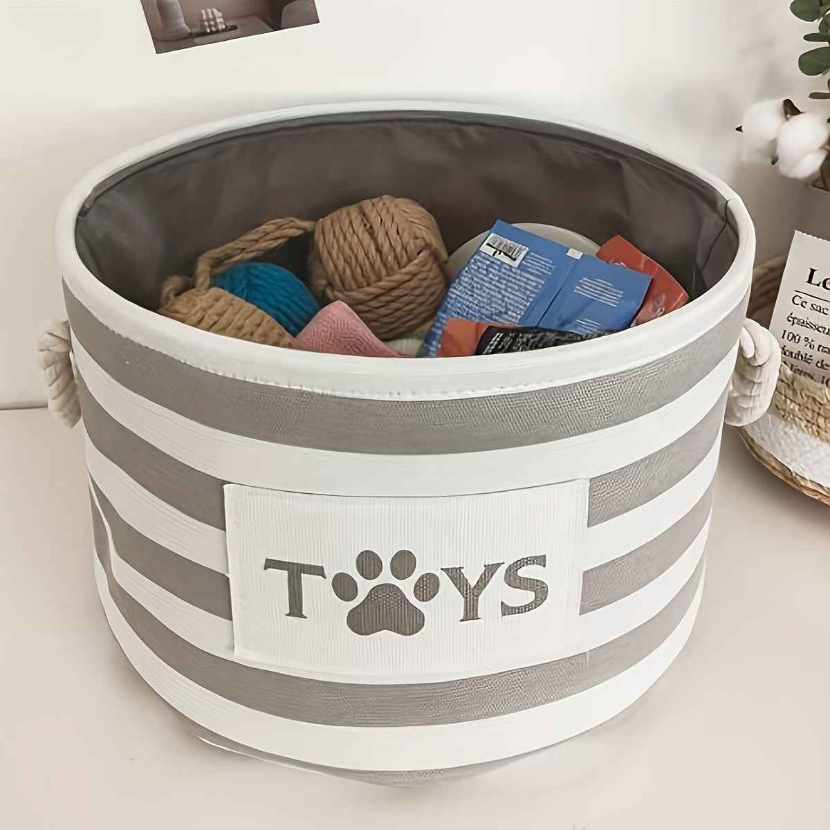 1pc Foldable Striped Pet Toy Basket, Dog Toy Storage Box With Woven Rope Handle, Pet Storage Bin For Dog Toys And Accessories