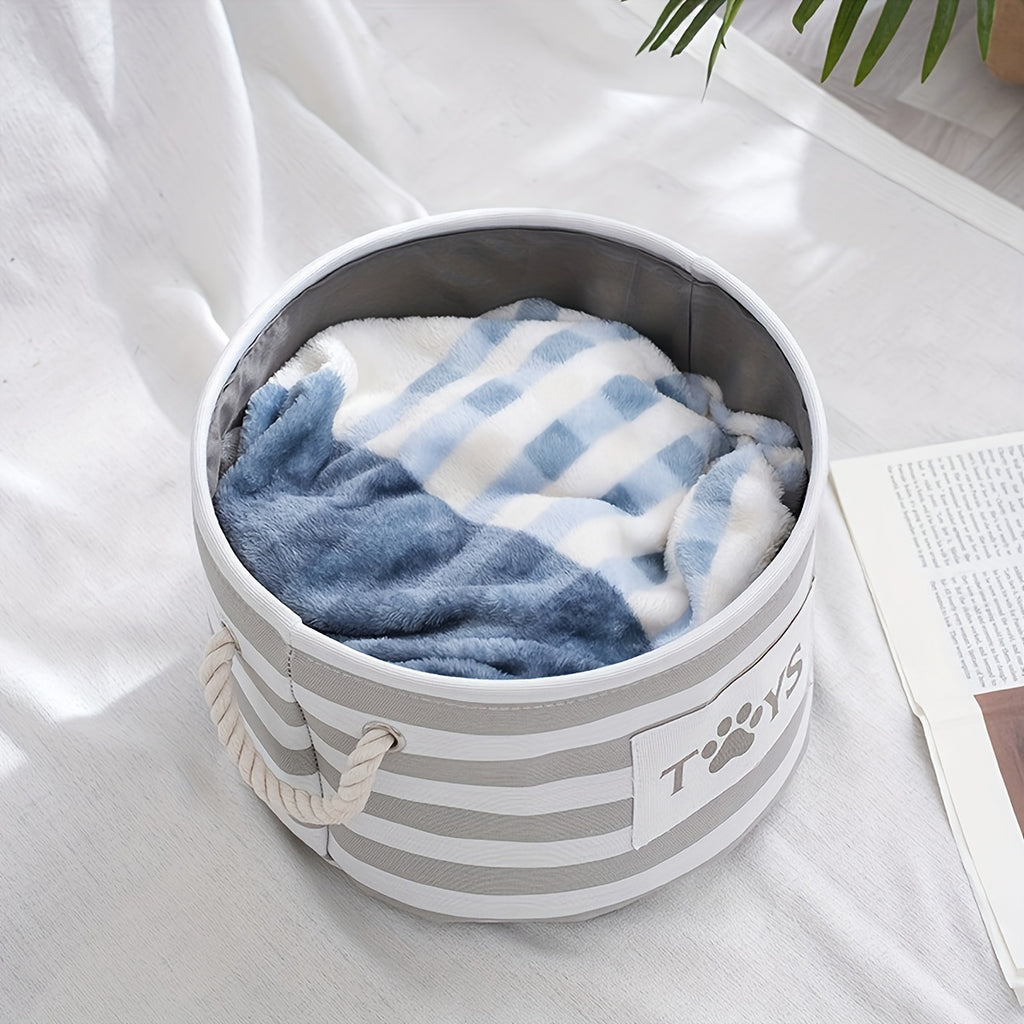 1pc Foldable Striped Pet Toy Basket, Dog Toy Storage Box With Woven Rope Handle, Pet Storage Bin For Dog Toys And Accessories