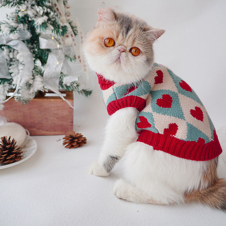Christmas Rhombus Love Knit Sweater for Cats & Dogs - Festive Winter Style