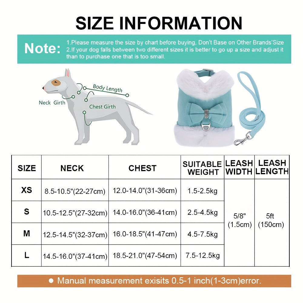 For Small And Medium Sized Dogs, Soft Fabric Dog Bow Tie Vest Harness Dress With Walking Traction Rope, Warm Dog Harness And Leash Set
