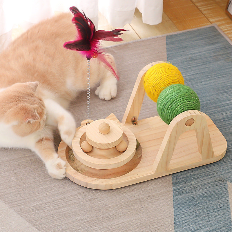 Wood Sisal Ball Cat Turntable Toy - Natural & Interactive