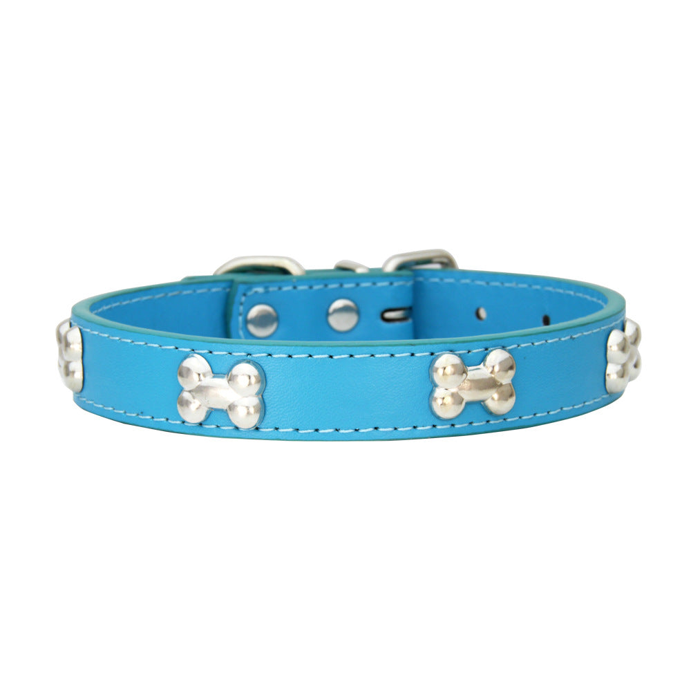 SilverBone Leather Dog Collar with Alloy Bone Buckle – Adjustable | 16 Colours | 4 Sizes