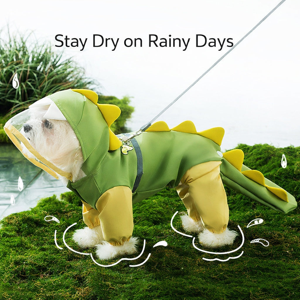 Dinosaur Dog Raincoat | Waterproof 4-Leg Rain Jacket with Tail Cover