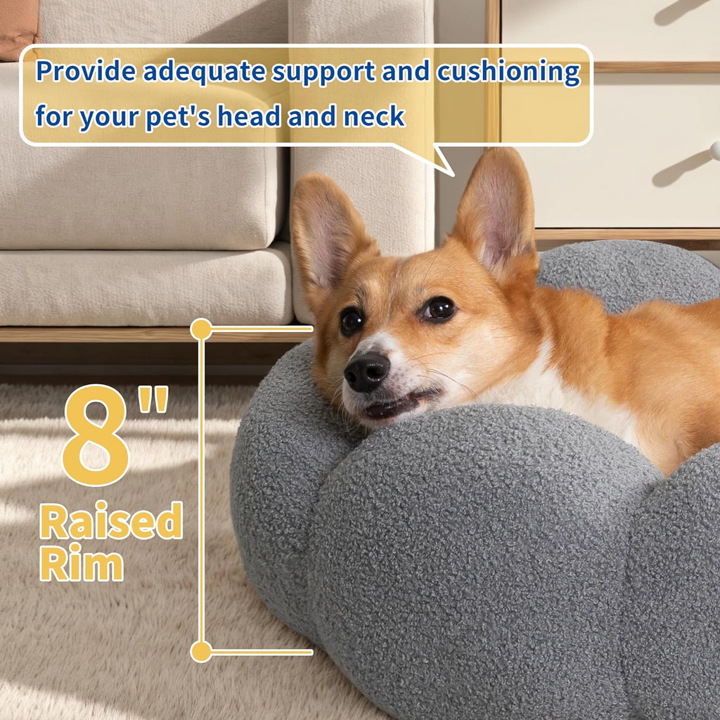 Flower Donut Calming Pet Bed – Plush Teddy Fleece Round Cuddler for Cats & Dogs | S, M & L