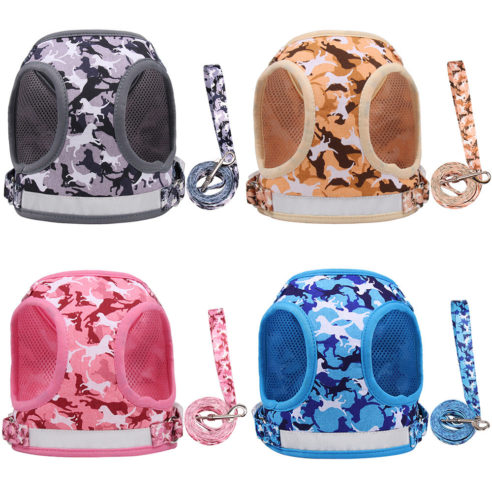 Reflective Breathable Pet Harness & Lead Set – Printed Design | Blue, Pink, Grey & Yellow | S–XL