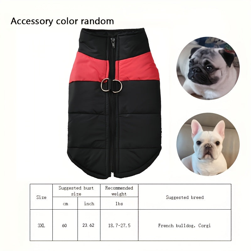 Waterproof And Windproof Fleece-Lined Dog Coat With Zipper For Small And Medium Digs, Cotton Filling, Polyester Shell, Adjustable Closure