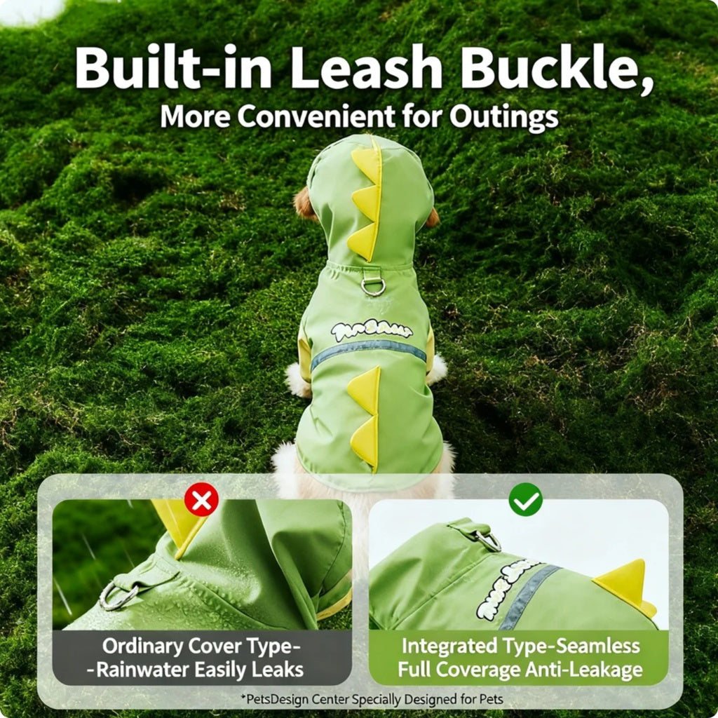 Dinosaur Dog Raincoat | Waterproof 4-Leg Rain Jacket with Tail Cover