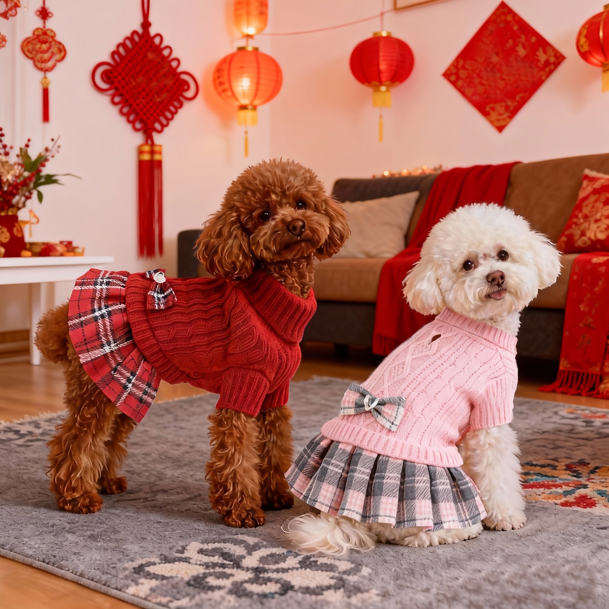 Christmas Sweater Dress for Small Dogs – Red & Black Plaid Knit with Bowtie