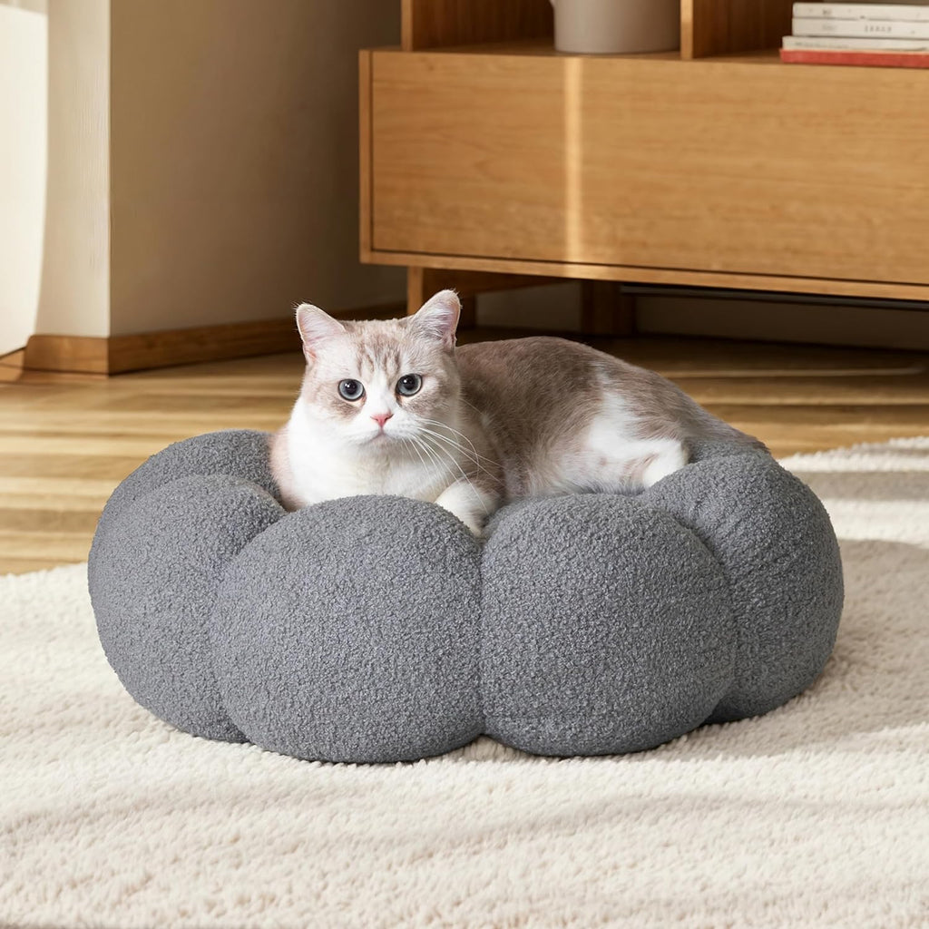 Flower Donut Calming Pet Bed – Plush Teddy Fleece Round Cuddler for Cats & Dogs | S, M & L