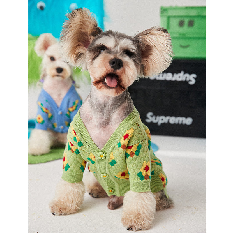 Floral Wool Dog Cardigan - Delicate Flower Detail Knitwear