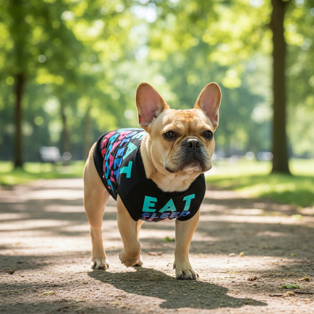 French Bulldog wearing Eat Sleep Poop Repeat tee