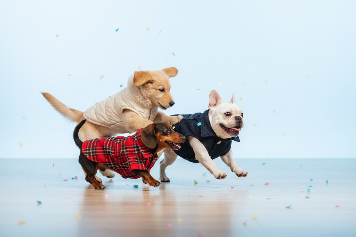 Three Dogs in Coats Playing